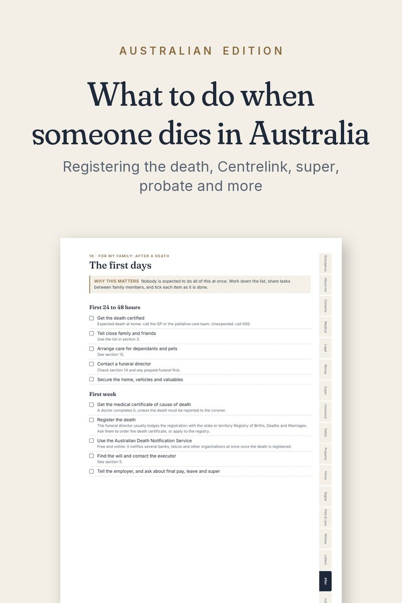 Printable checklist page: What to Do When Someone Dies in Australia: First Steps