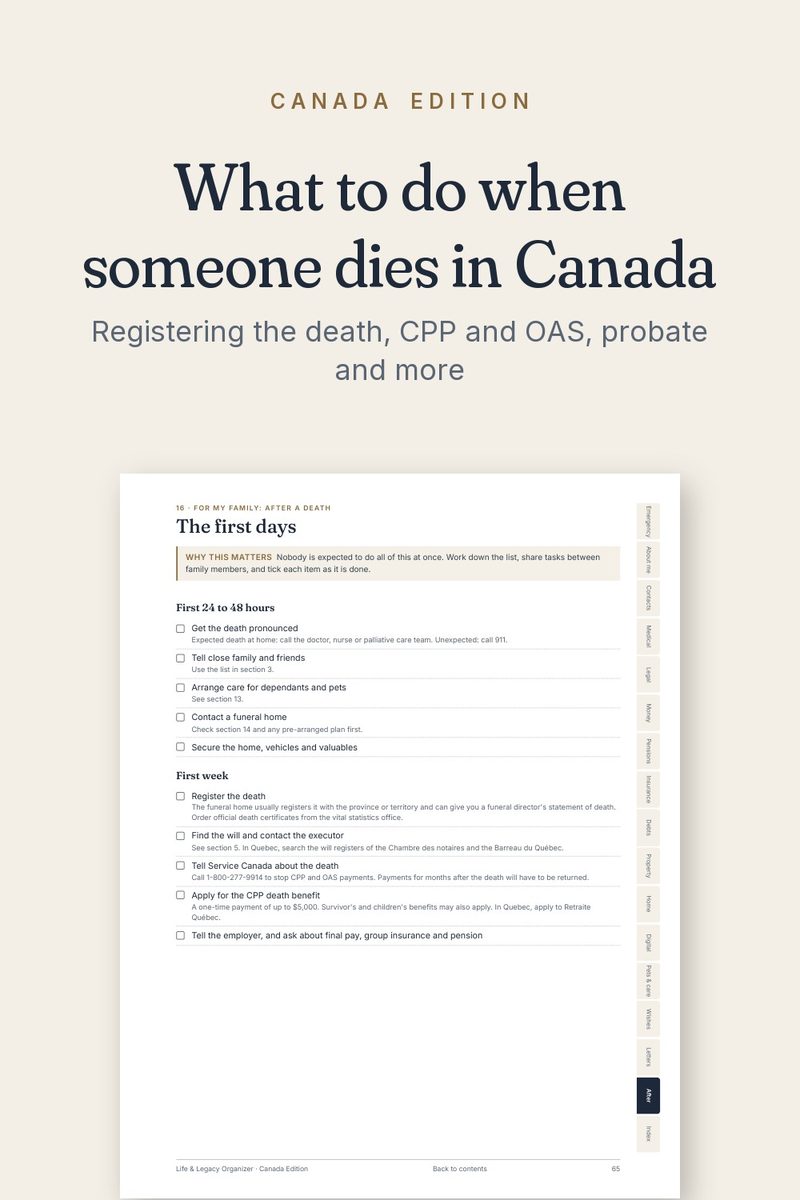 Printable checklist page: What to Do When Someone Dies in Canada: First Steps