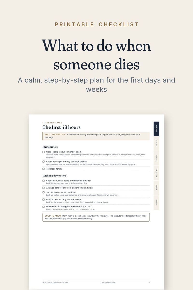 Printable checklist page: What to Do When Someone Dies: A US Checklist